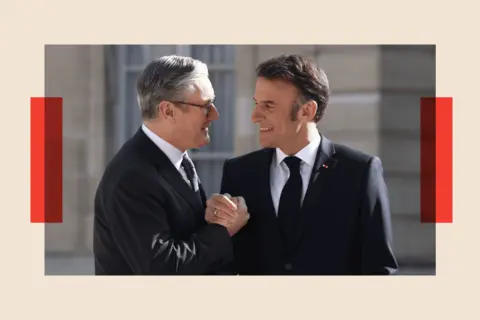 alt=Getty Images Keir Starmer is greeted by Emmanuel Macron ahead of the ‘Coalition Of The Willing’ summit in support of Ukraine at Elysee Palace on 27 March 2025 in Paris, France.