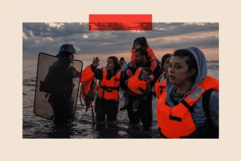 alt=Getty Images French Police enter the water to try and stop migrants boarding small boats that had come to collect them from further down the coastline on 13 June 2025 in Gravelines, France.