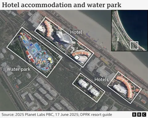 Satellite image showing the new resort with labeled water park and hotels