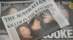 EPA The front cover of The Australian newspaper with coverage of Erin Patterson\'s verdict on the front page is displayed in a newsagent in Morwell.