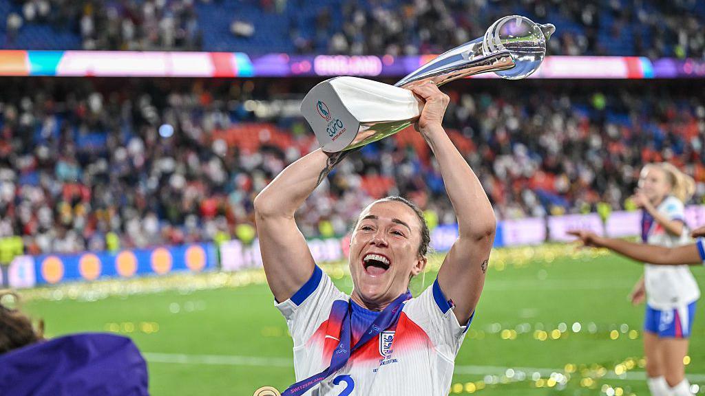 Lucy Bronze lifting the trophy, celebrating with teammates