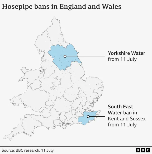 A map of England and Wales showing areas affected by hosepipe bans.