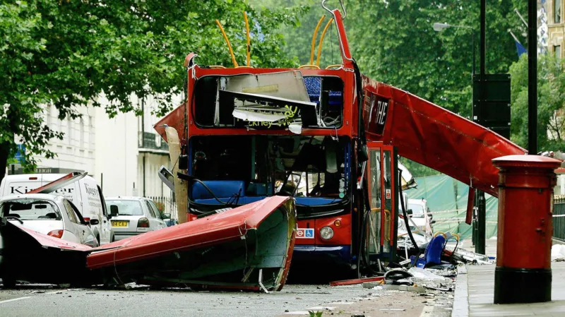 A London bus ripped apart by an explosion in the 7/7 bombings 20 years ago