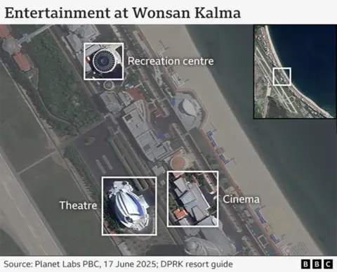 Satellite image of the resort with recreation center, cinema, and theater
