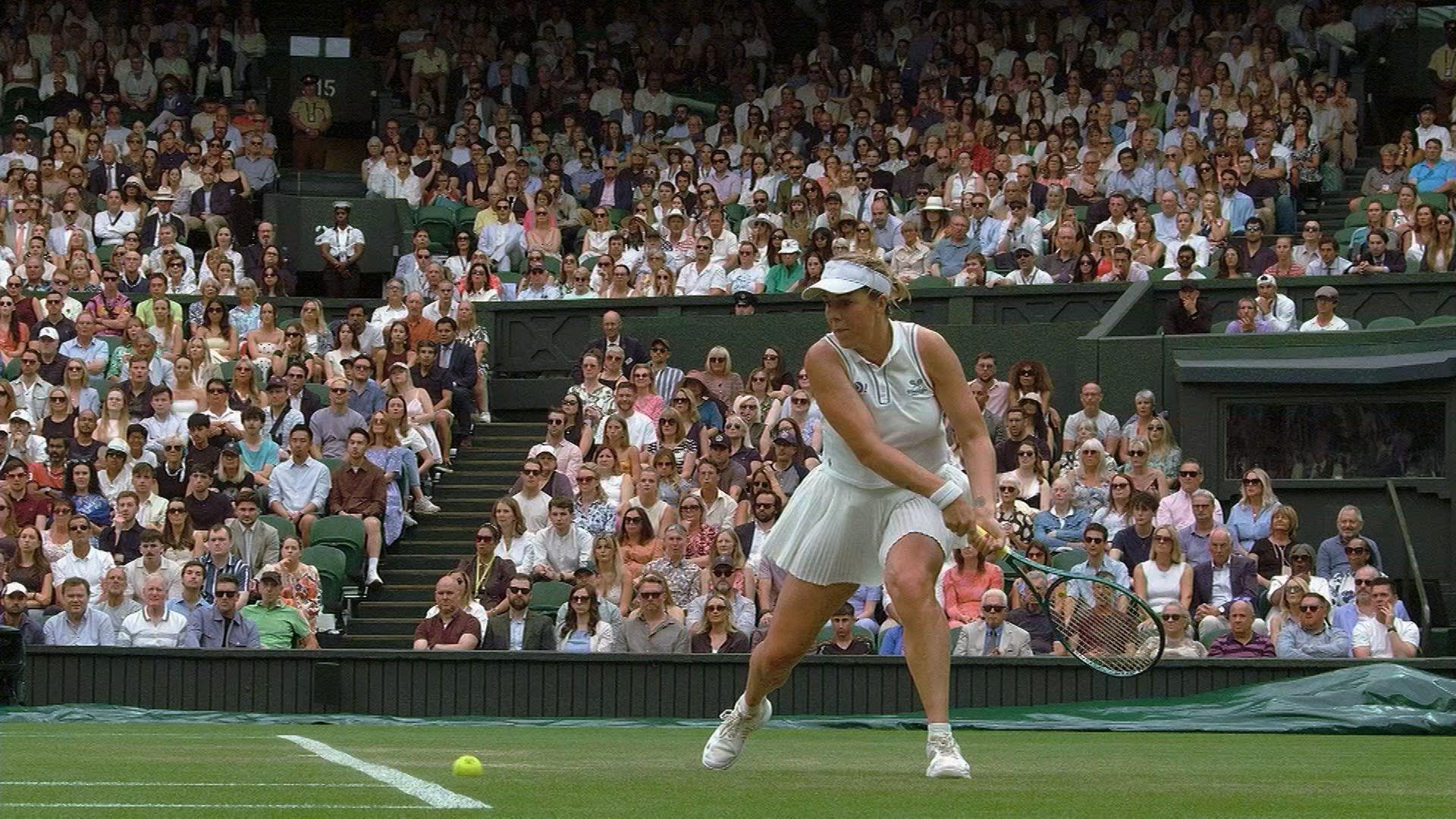 A tennis ball is shown landing out of bounds during a Wimbledon match, with player Anastasia Pavlyuchenkova reacting.