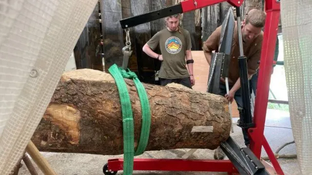 The Sycamore Gap tree trunk being maneuvered with a crane, suspended by a strap, in Charlie Whinney's workshop.