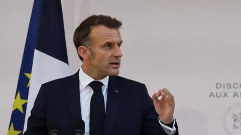 French President Emmanuel Macron delivers a speech to army leaders.
