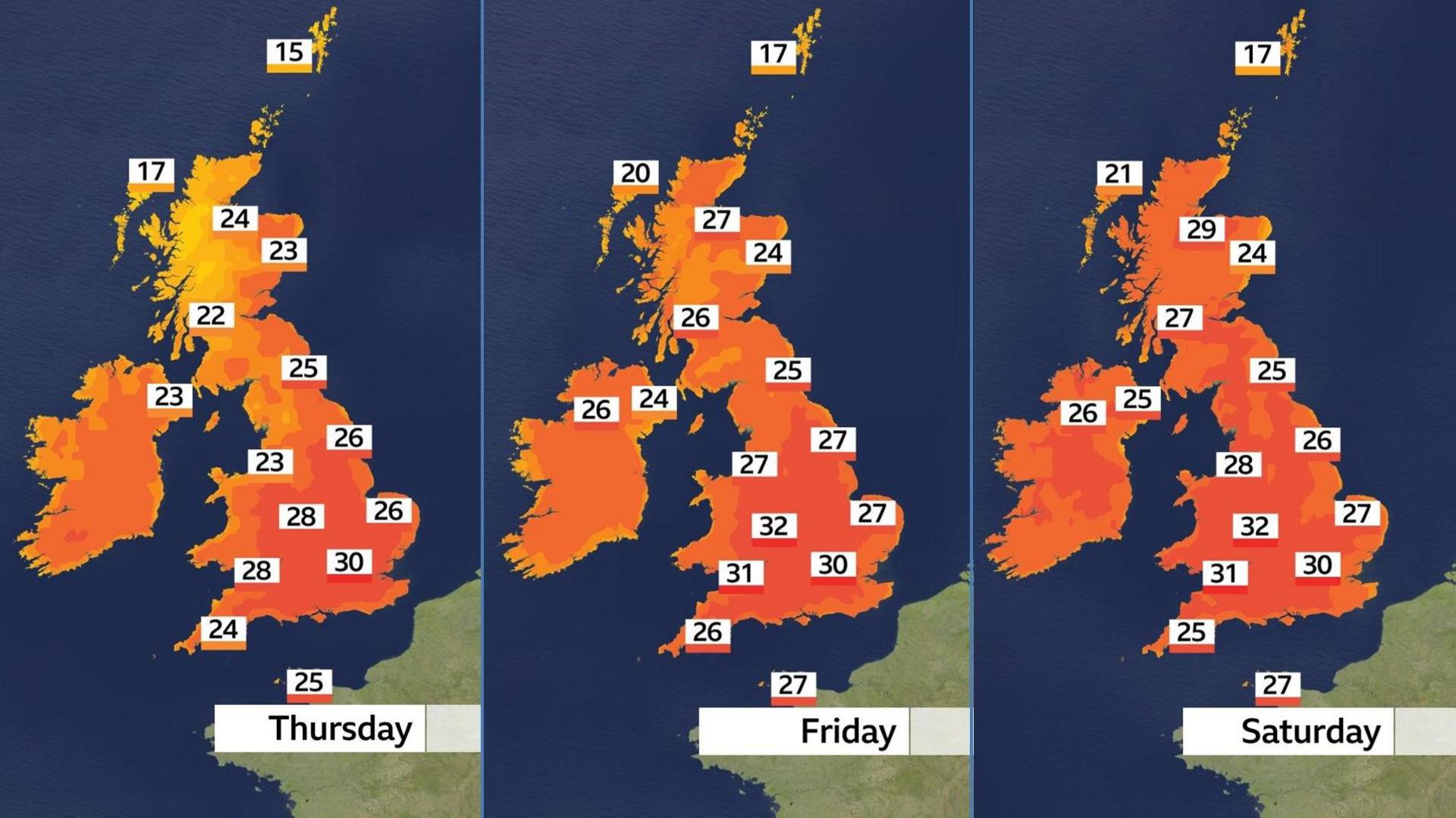 Weather maps showing forecast temperatures across the UK for Thursday, Friday, and Saturday, with temperatures ranging from 15C to 32C.