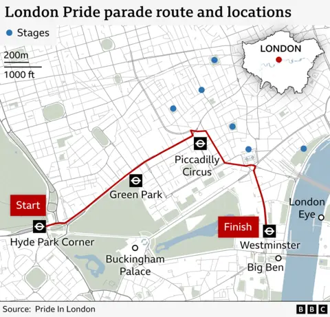Map showing the route of the London Pride parade and the locations of six stages.