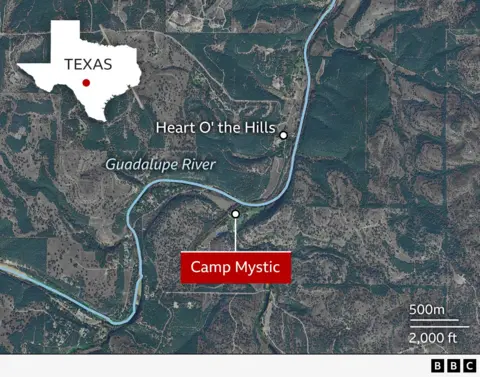 Satellite image showing Camp Mystic and Heart O' the Hill camp locations
