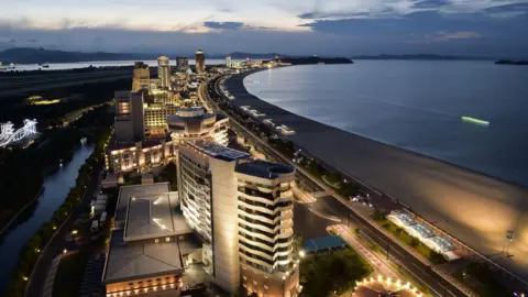 The Wonsan Kalma Coastal Tourist Area in Wonsan with multi-story buildings