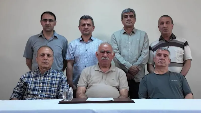 Ocalan, in the centre at the front, released a video on Wednesday ahead of Friday's ceremony.