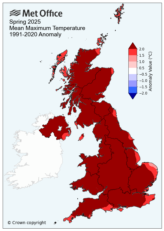 Map of the UK showing above-average temperatures in red for Spring 2025.