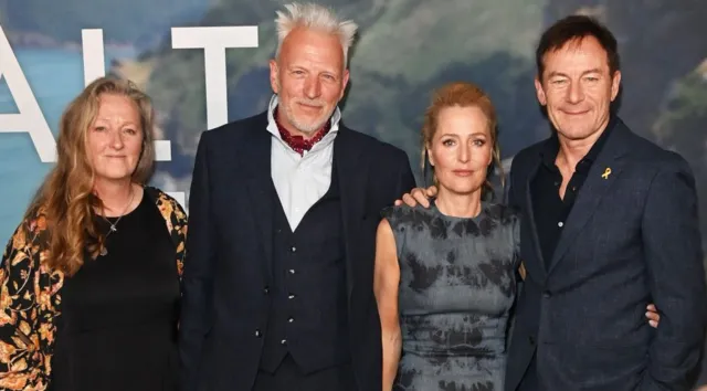 Raynor Winn and Moth Winn with actors Gillian Anderson and Jason Isaacs at a UK Special Screening of "The Salt Path".