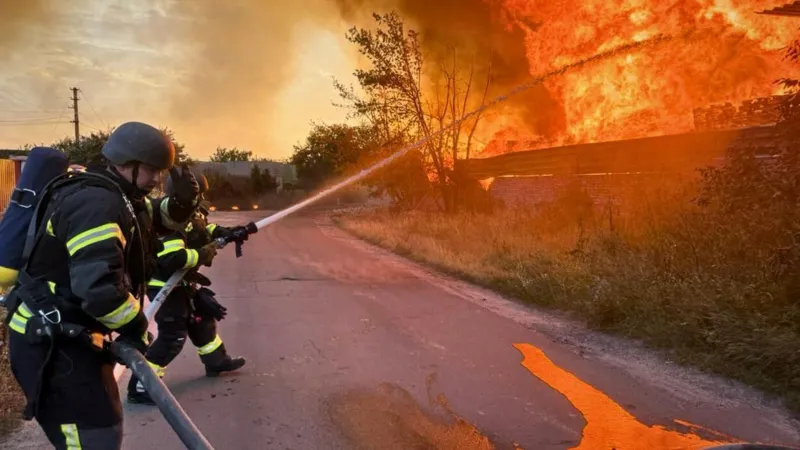 Firefighters battled fires sparked by explosions in the Kyiv region