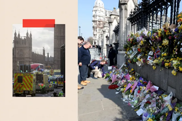 Two images showing ambulance scenes on Westminster Bridge in 2017, and another of flowers left outside the Houses of Parliament to pay tribute to the victims of Westminster terror attack