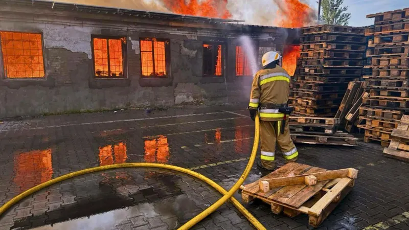 Firefighters battling blazes in the Kyiv region after a Russian drone attack.