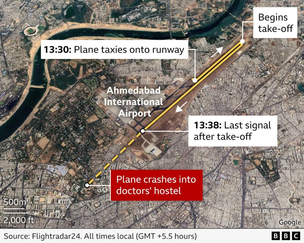 Satellite map showing flight path of a plane that crashed in Ahmedabad, India.